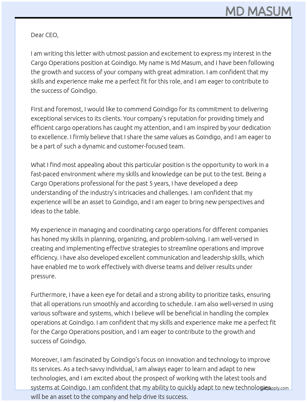 Cargo opretions At Goindigo Cover Letter