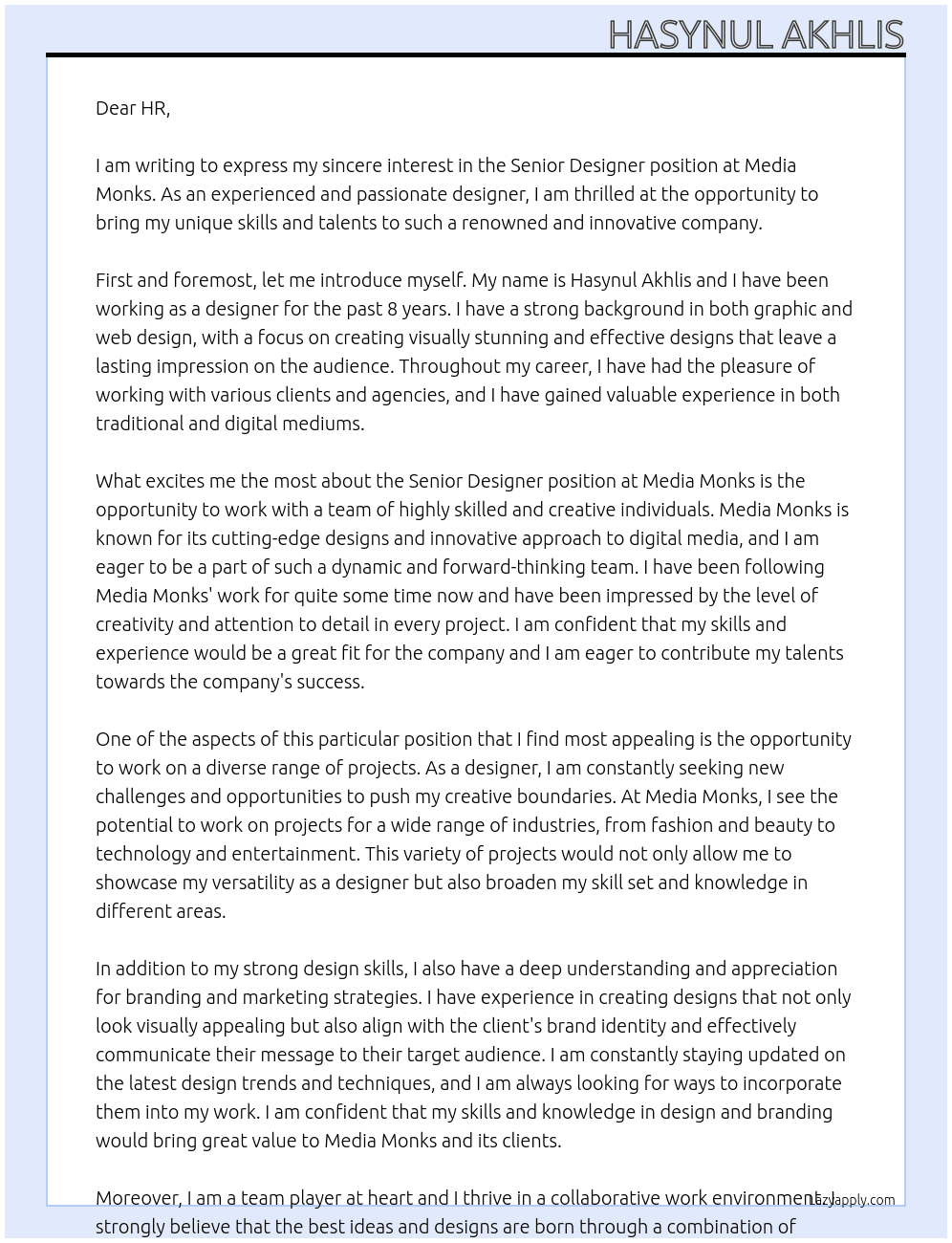 Senior Designer At Media Monks Cover Letter