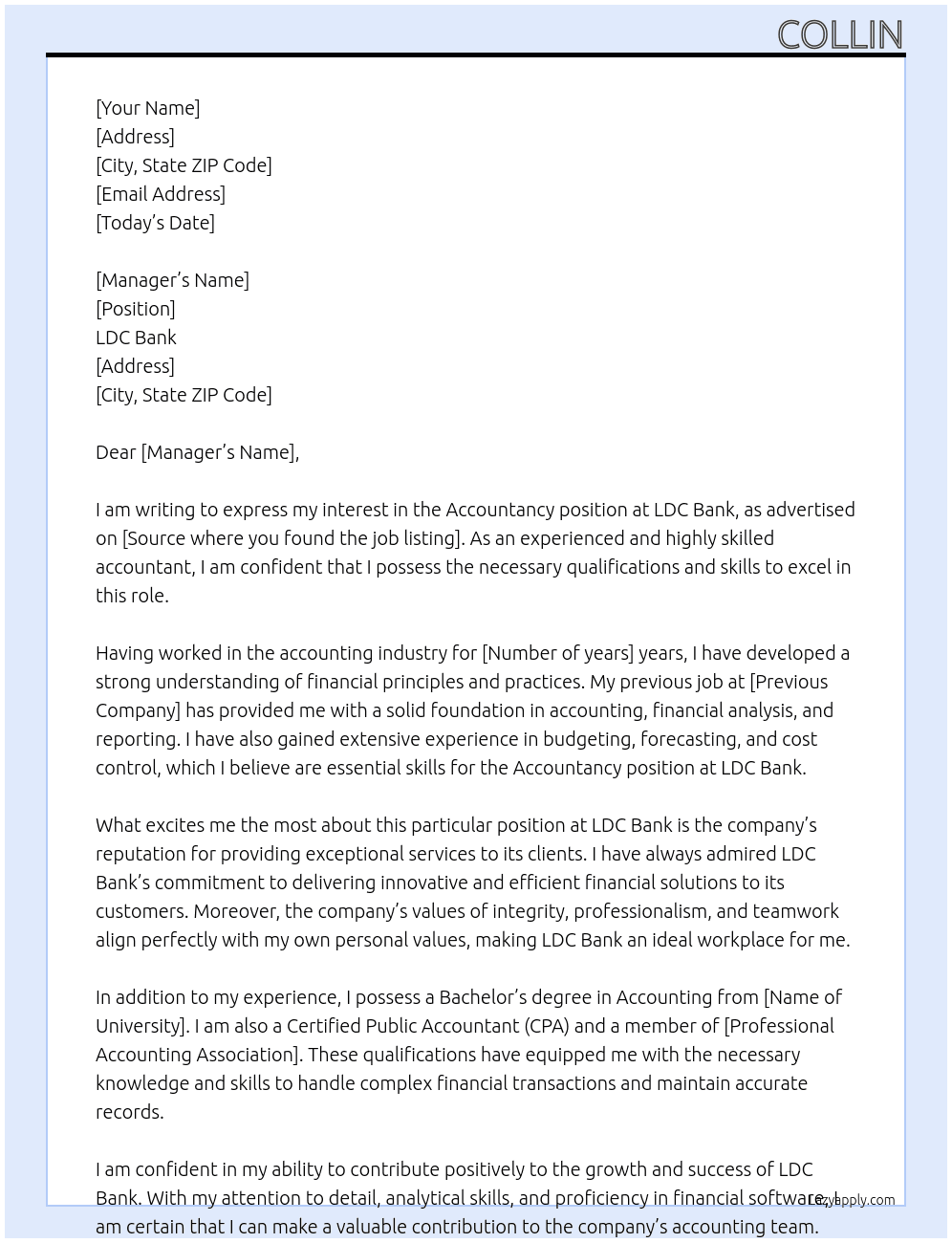 accountancy At LDC bank Cover Letter
