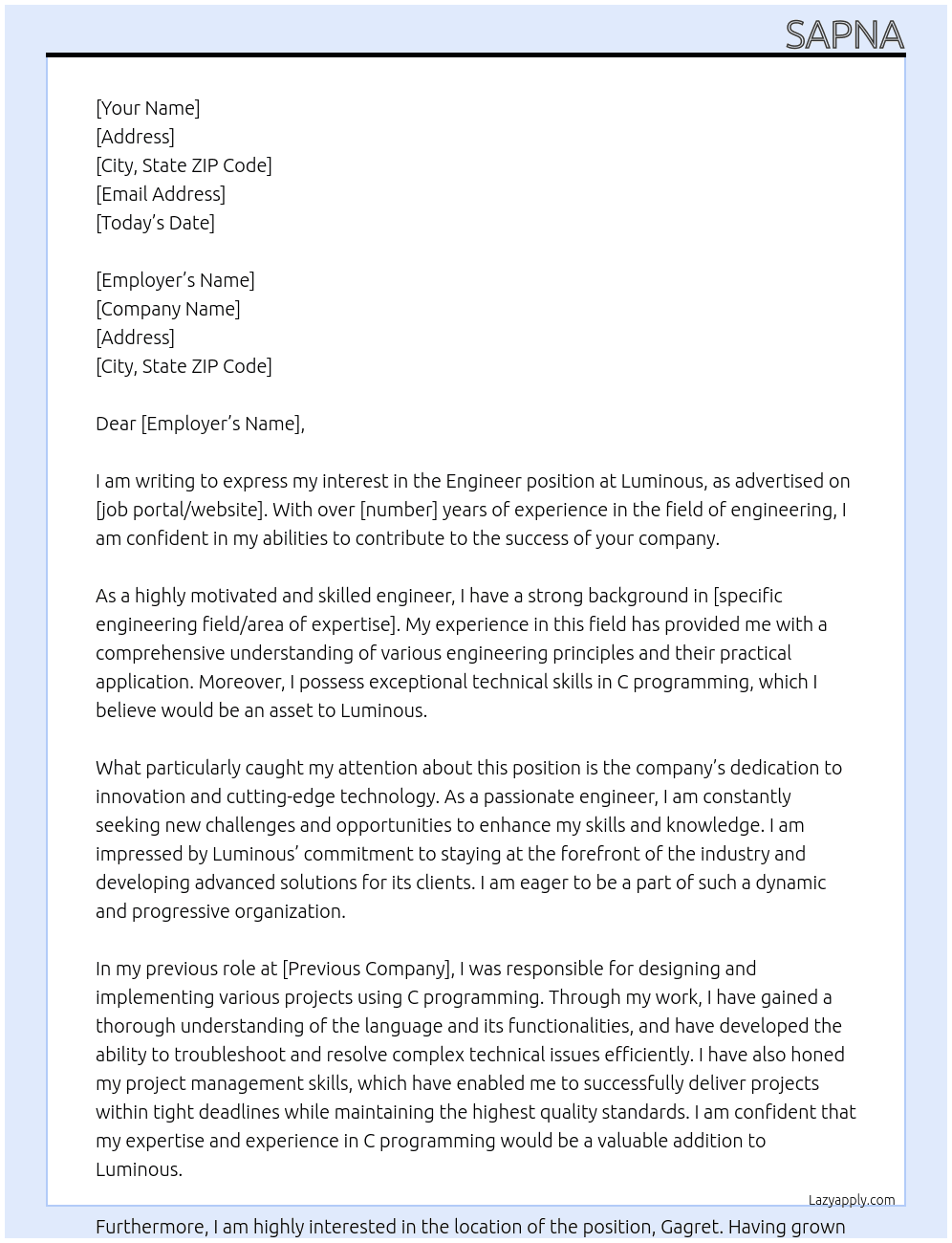 Engineer  At Luminous  Cover Letter