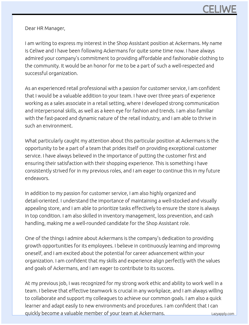 Shop Assistant  At Ackermans Cover Letter