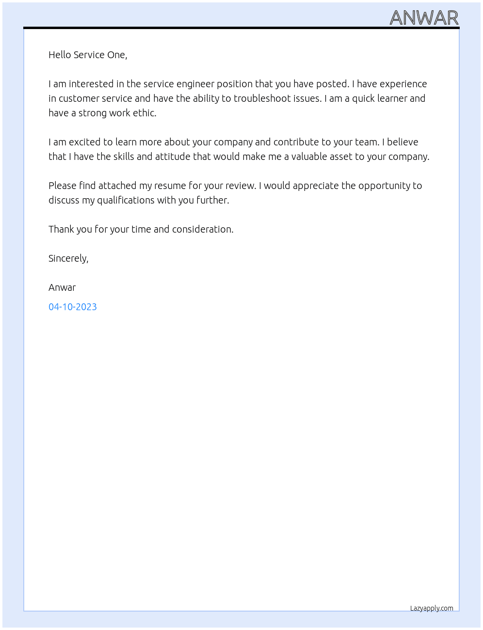  Service Engineer At Service One Cover Letter