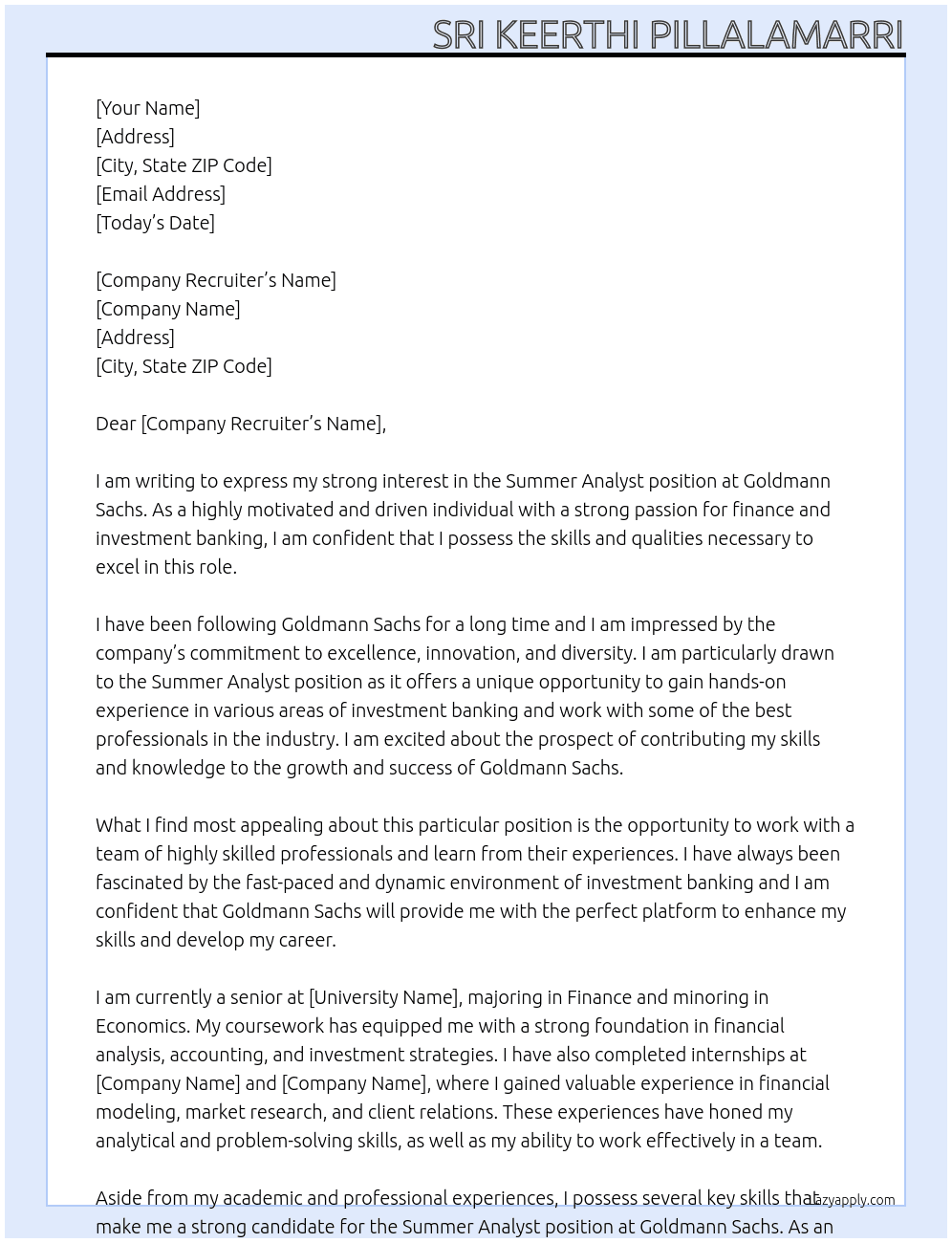 Summer Analyst At Goldmann sachs Cover Letter