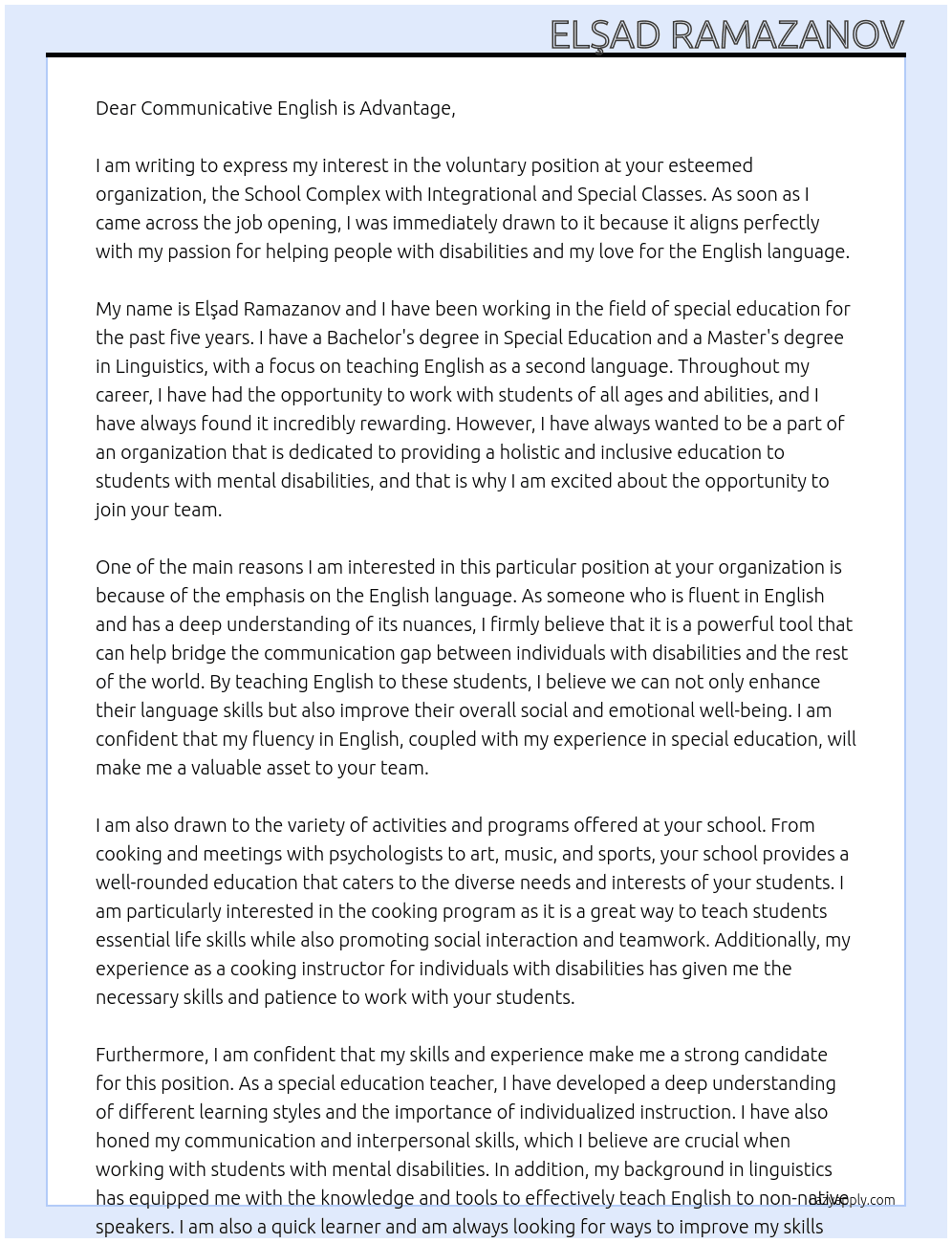 voluntary  At School Complex with Integrational and special Classes Cover Letter