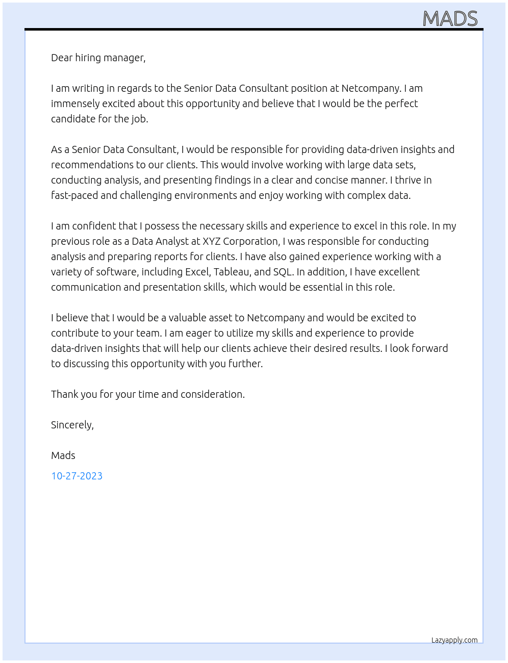 Senior Data Consultant At Netcompany Cover Letter