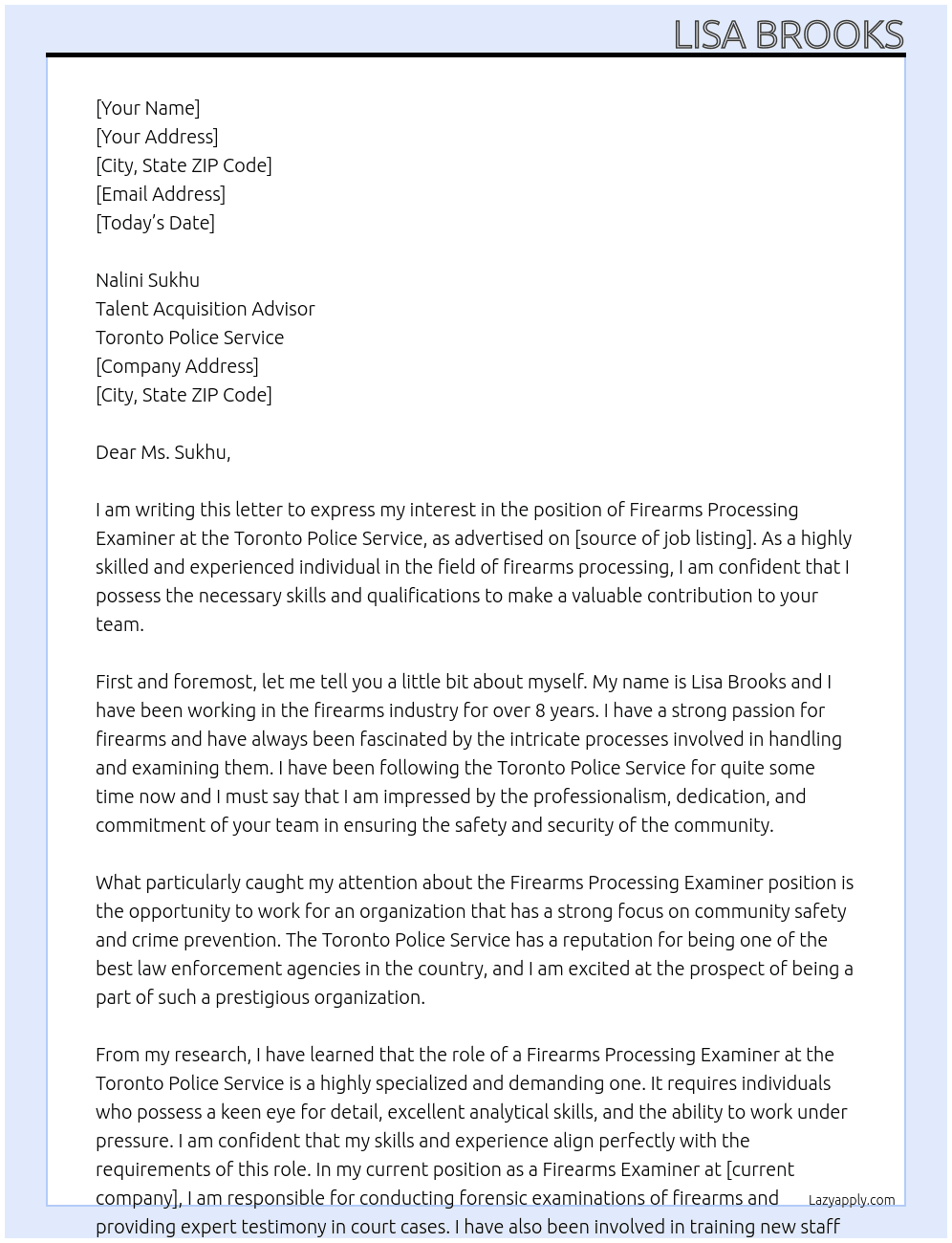 Firearms Processing Examiner At Toronto Police Service Cover Letter