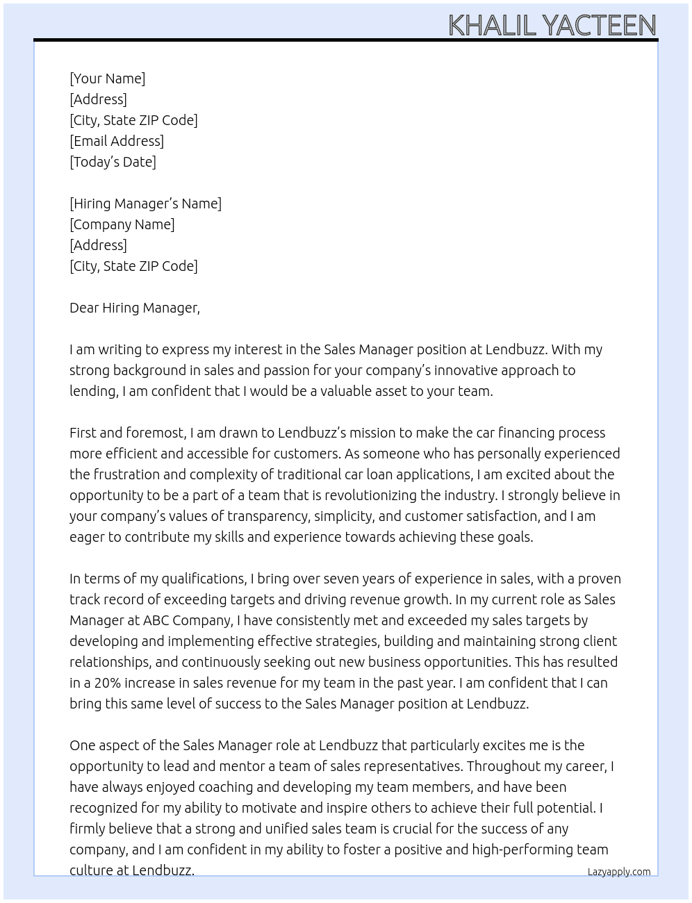 SALES MANAGER At LENDBUZZ Cover Letter