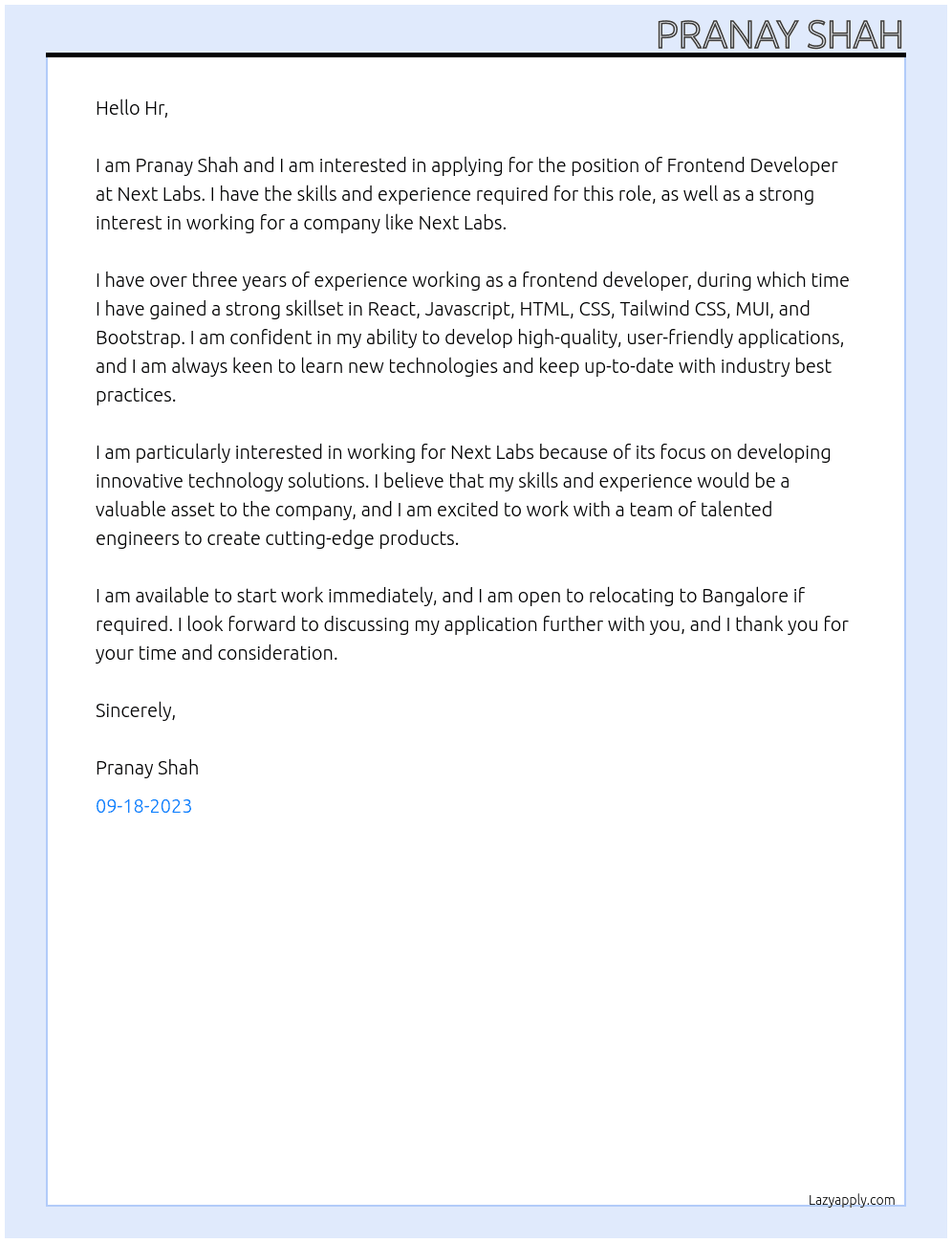Frontend Developer At Next Labs Cover Letter
