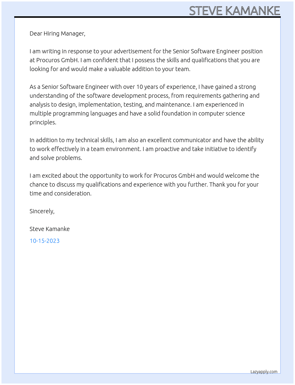 Senior Software Engineer At Procuros GmbH Cover Letter