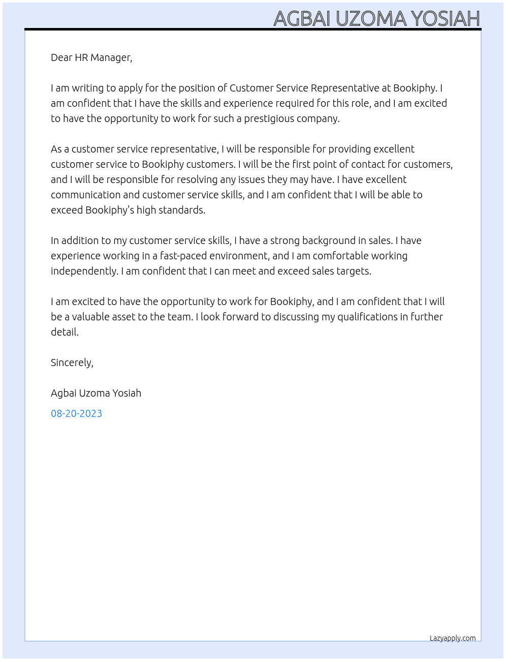 Customer Service Representative At Bookiphy Cover Letter