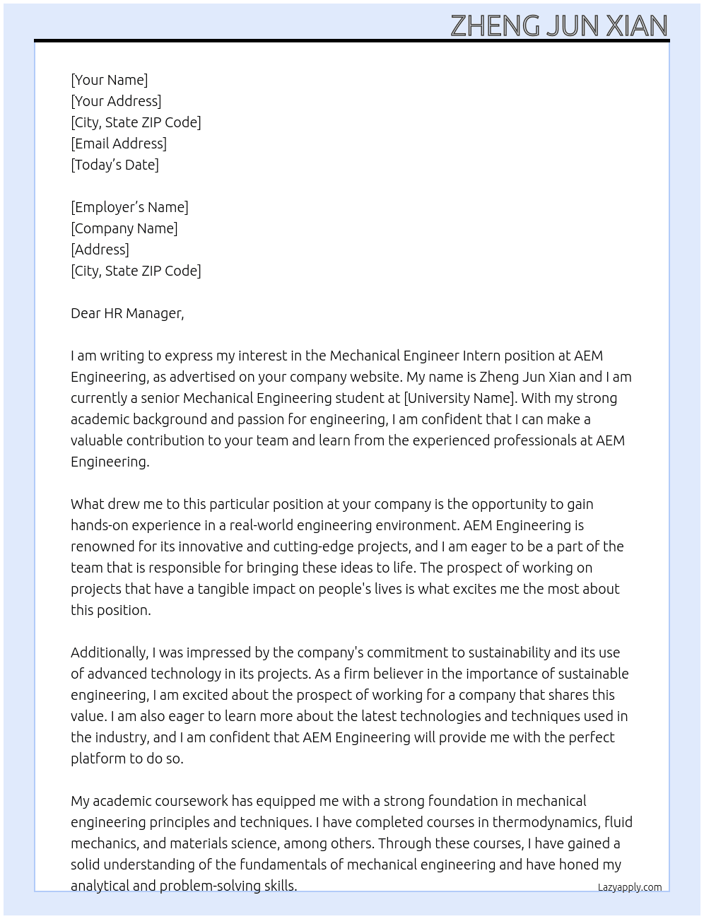 Mechanical Engineer Intern At AEM Engineering Cover Letter