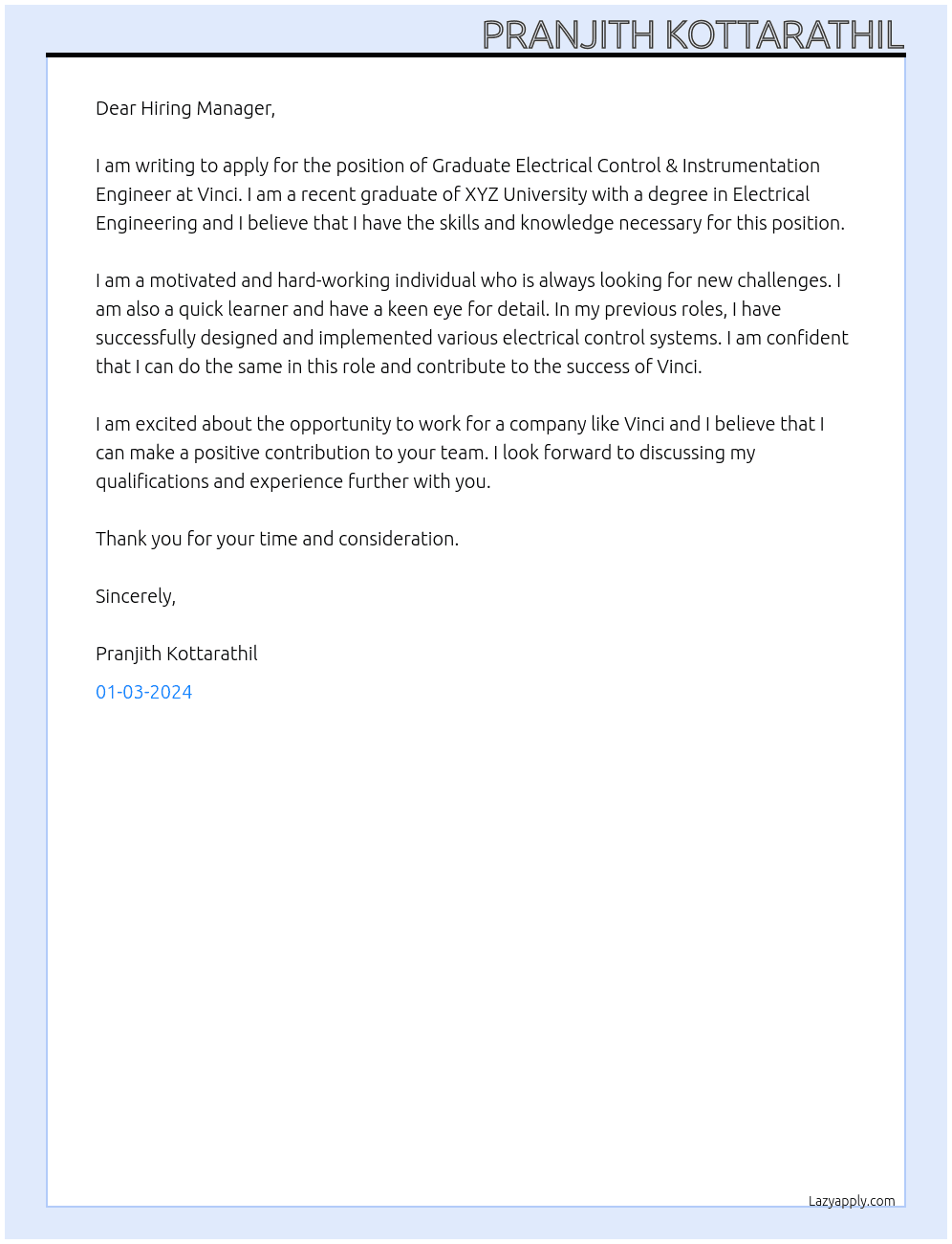 GRADUATE ELECTRICAL CONTROL & INSTRUMENTATION ENGINEER At Vinci Cover Letter