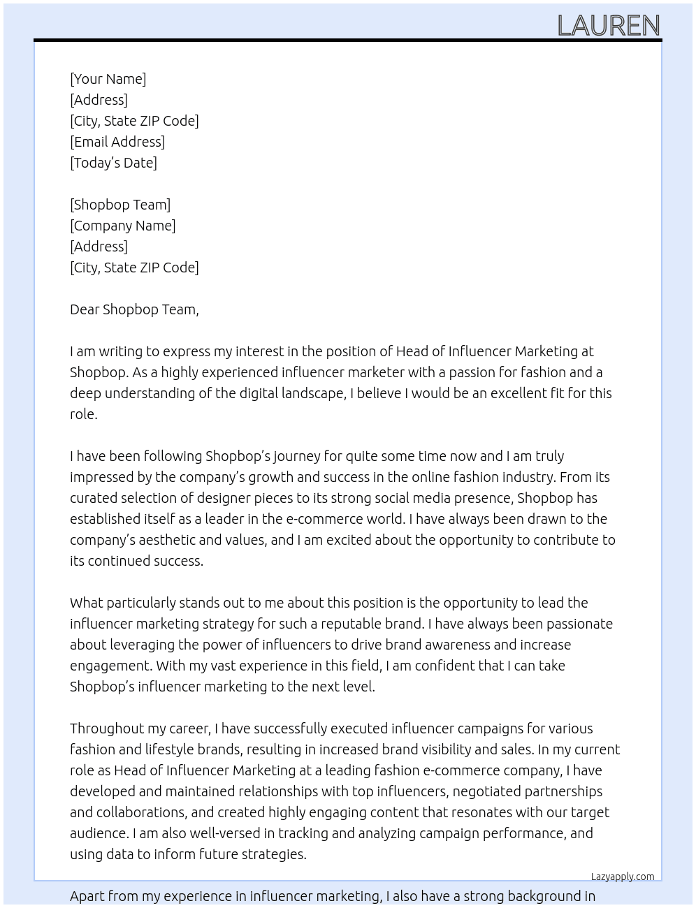Head of Influencer Marketing At Shopbop Cover Letter