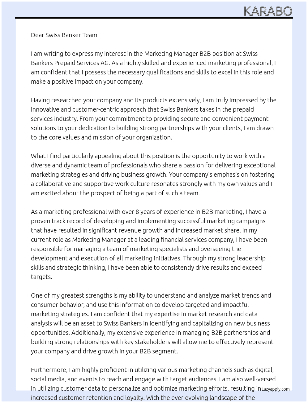 Marketing Manager B2B ( At Swiss Bankers Prepaid Services AG Cover Letter