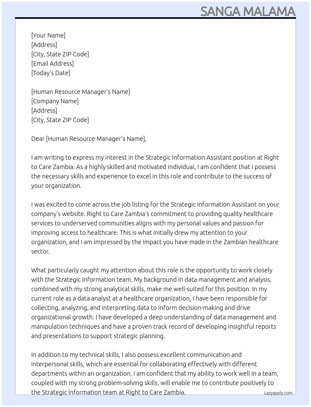 Strategic Strategic Information Assistant Information As At Right to Care Zambia Cover Letter