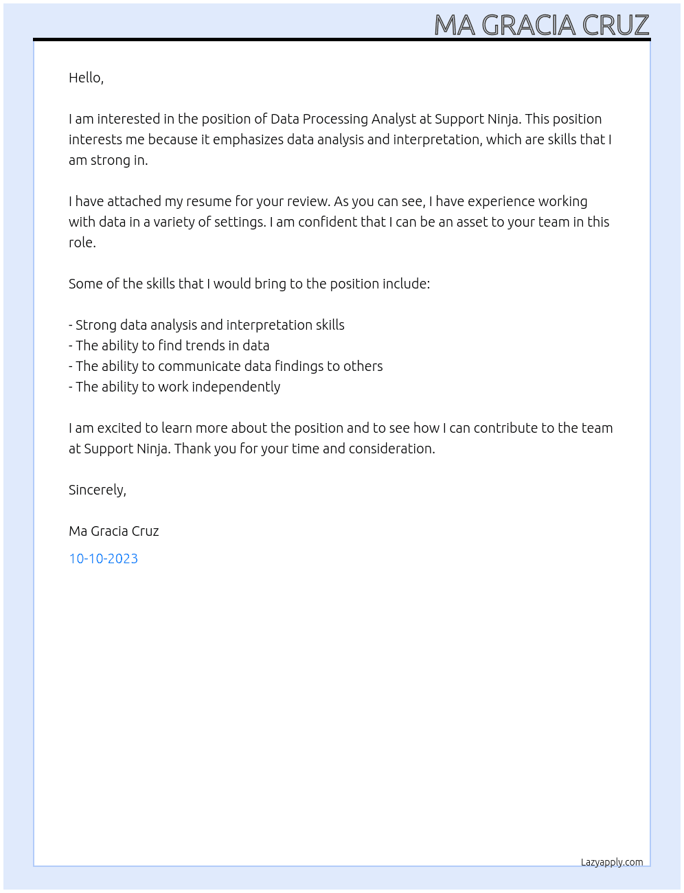 Data processing analyst At Support Ninja Cover Letter