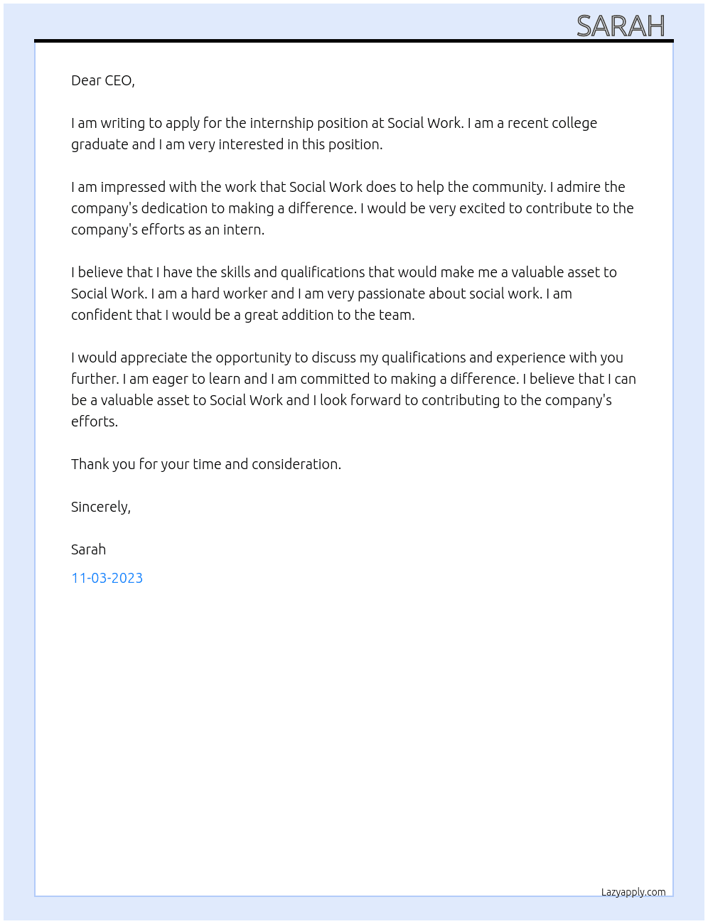 Internship At Social work Cover Letter