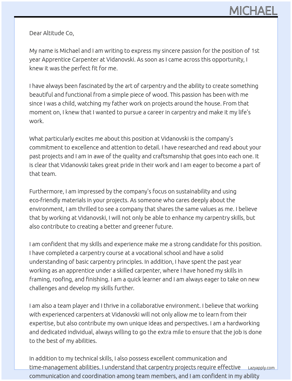 1st year Apprentice Carpenter At Vidanovski Cover Letter