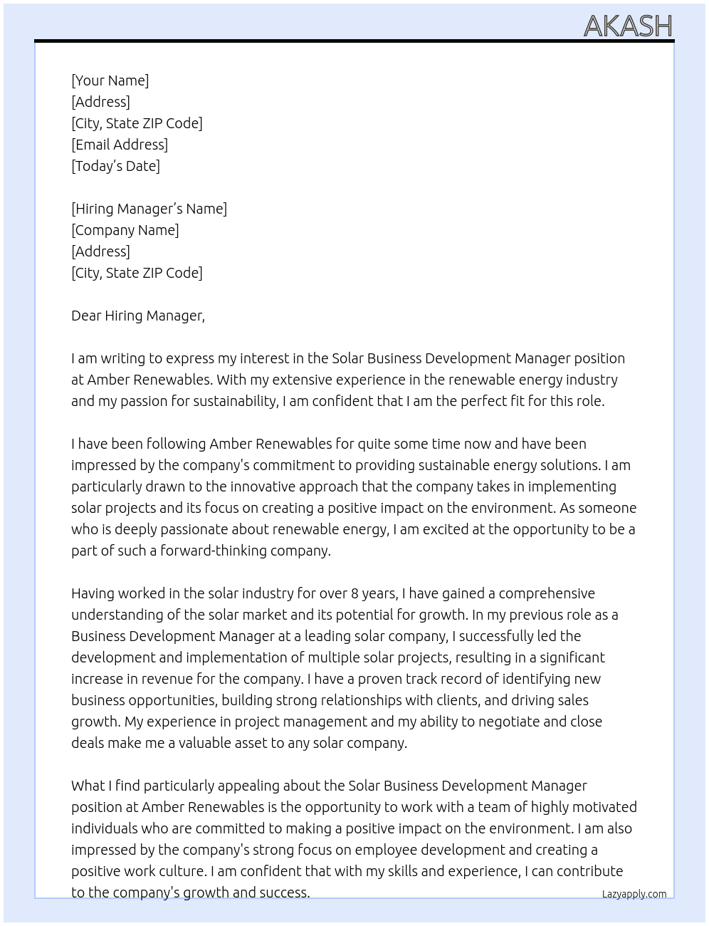 Solar Business Development Manager At Amber Renewables Cover Letter