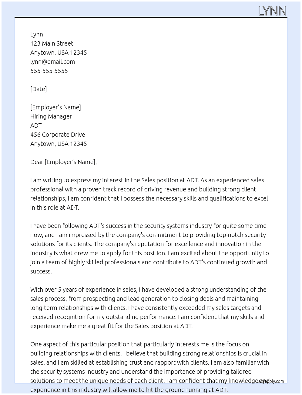 sales At ADT Cover Letter