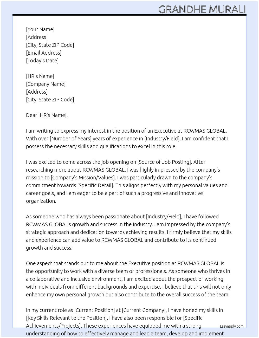 Executive At RCWMAS GLOBAL Cover Letter