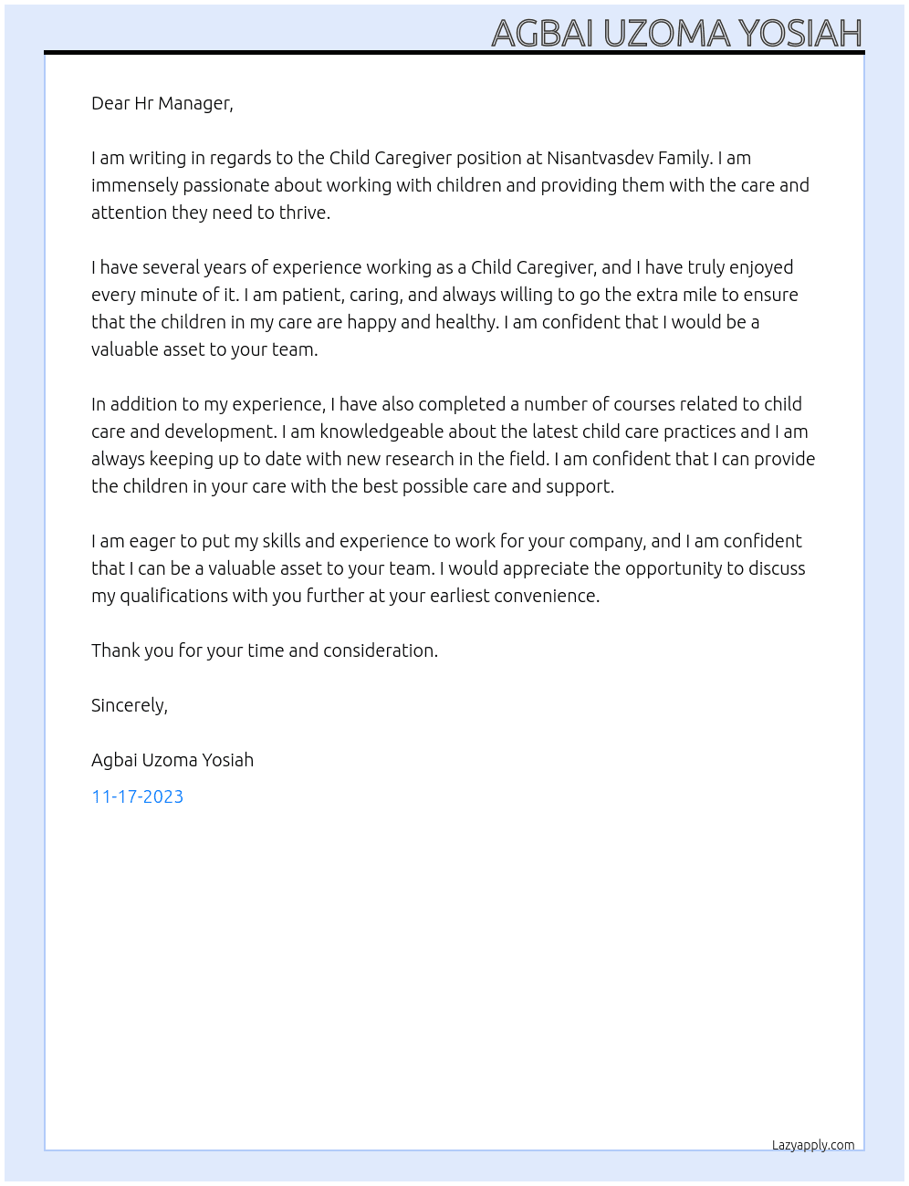 Child Caregiver At Nisantvasdev Family Cover Letter