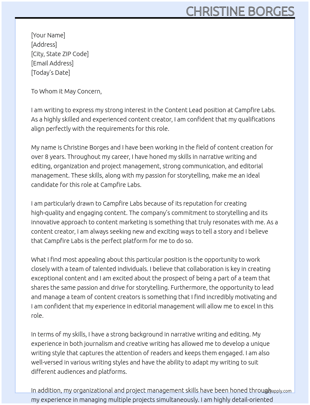 Content Lead At Campfire Labs Cover Letter