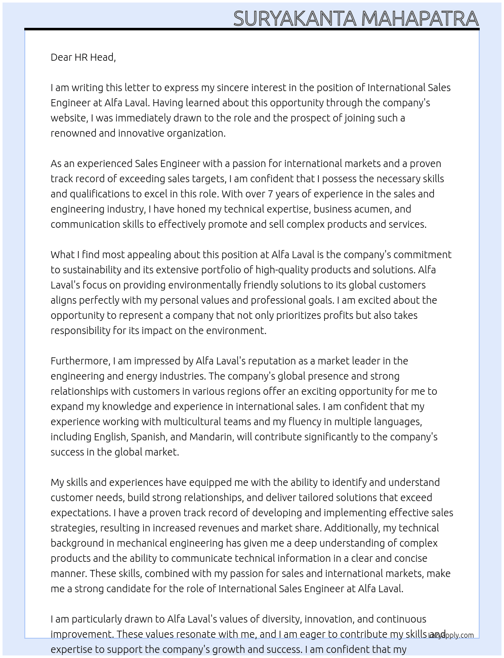 International Sales Engineer At Alfa Laval Cover Letter