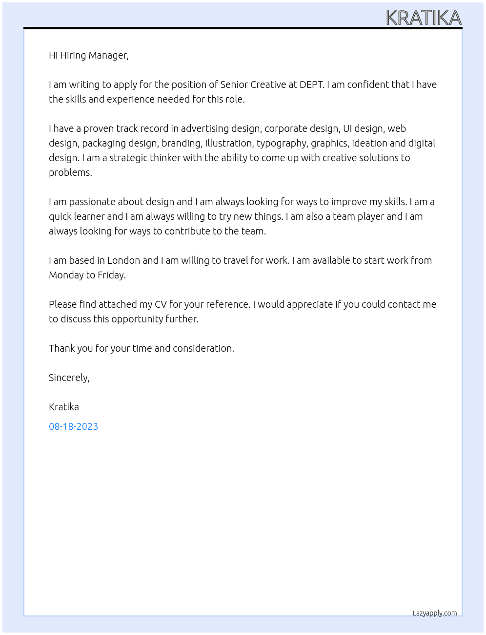 Senior Creative At DEPT Cover Letter