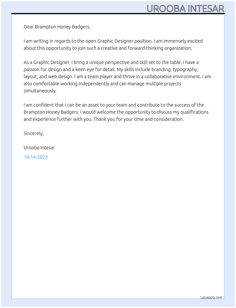 Graphic Designer At Brampton Honey Badgers Cover Letter