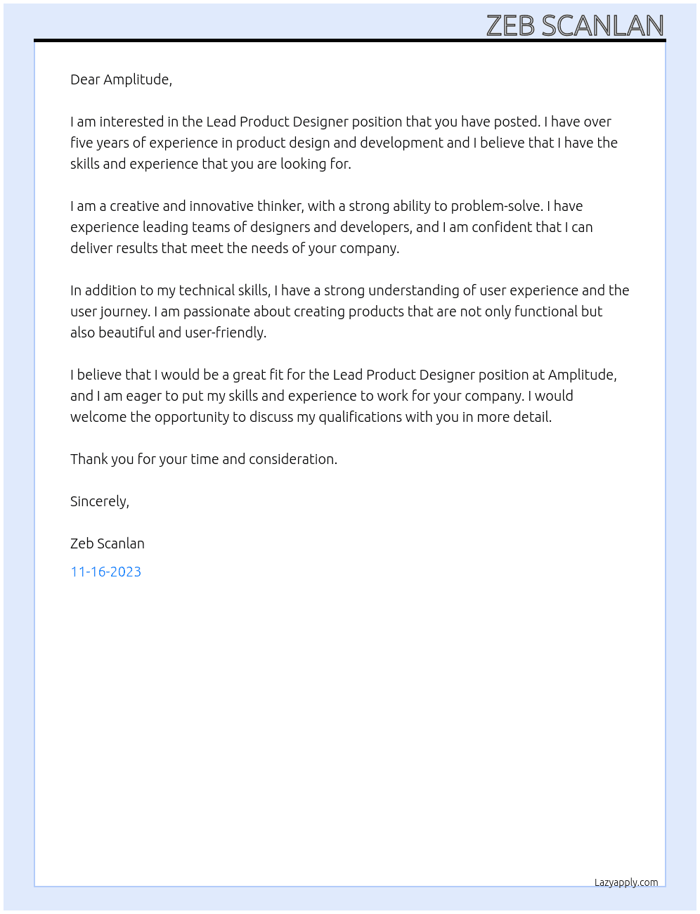 Lead Product Designer At Amplitude Cover Letter