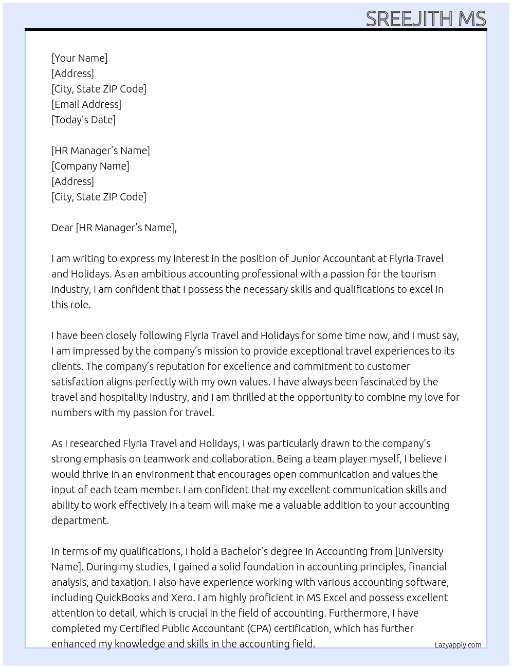 Junior accountant  At Flyria travel and holidays Cover Letter