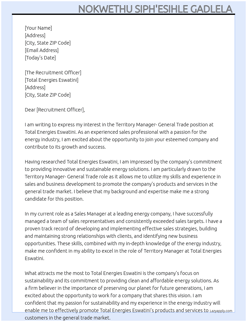 Territory Manager- General Trade  At Total Energies Eswatini  Cover Letter