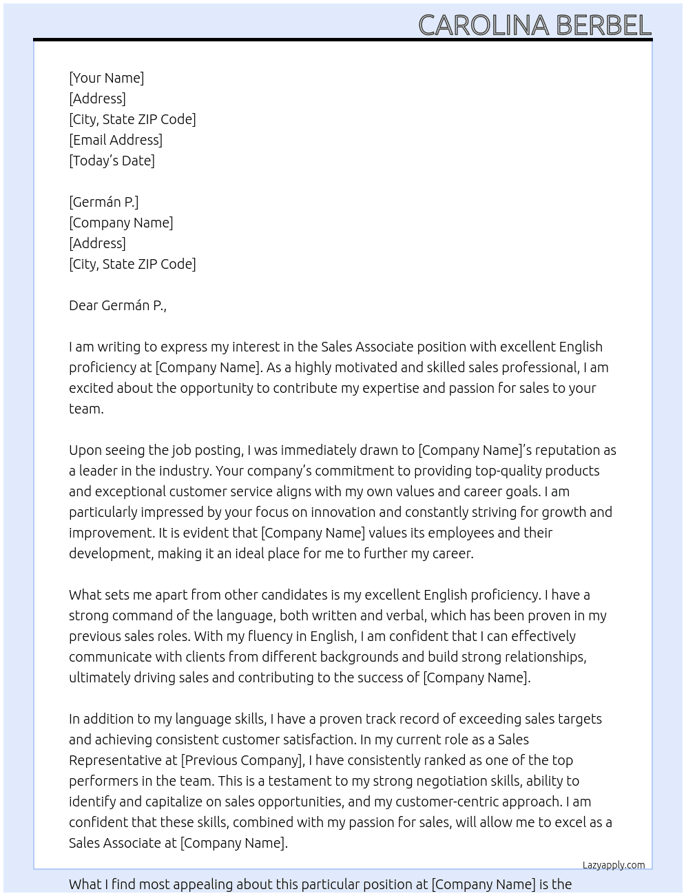 Sales Associate with Excellent English Proficiency At Germán P. Cover Letter