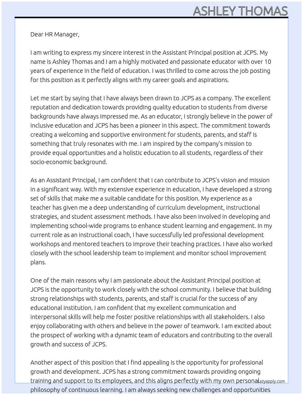 Assistant Principal At JCPS Cover Letter