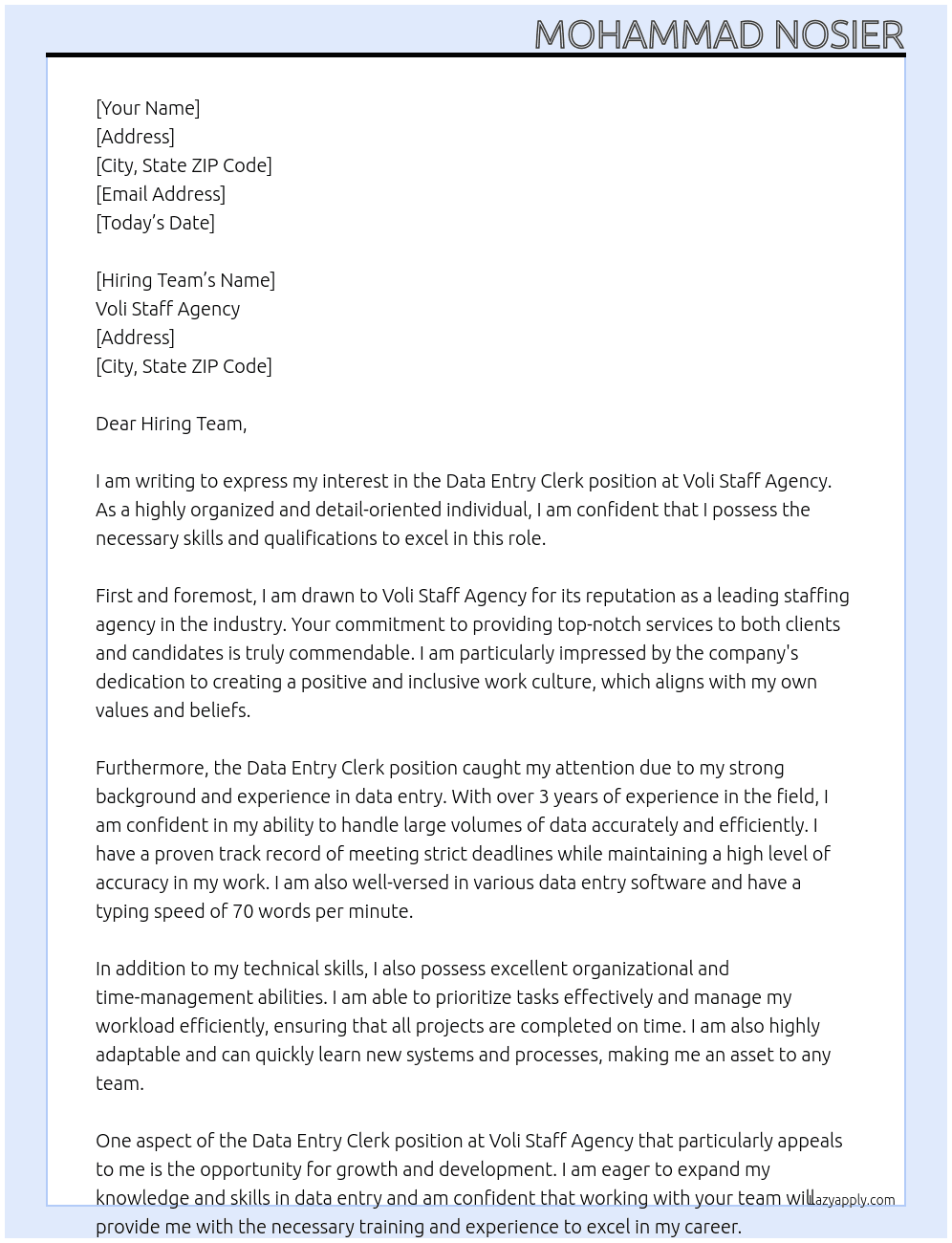 Data Entry Clerk At Voli Staff Agency Cover Letter