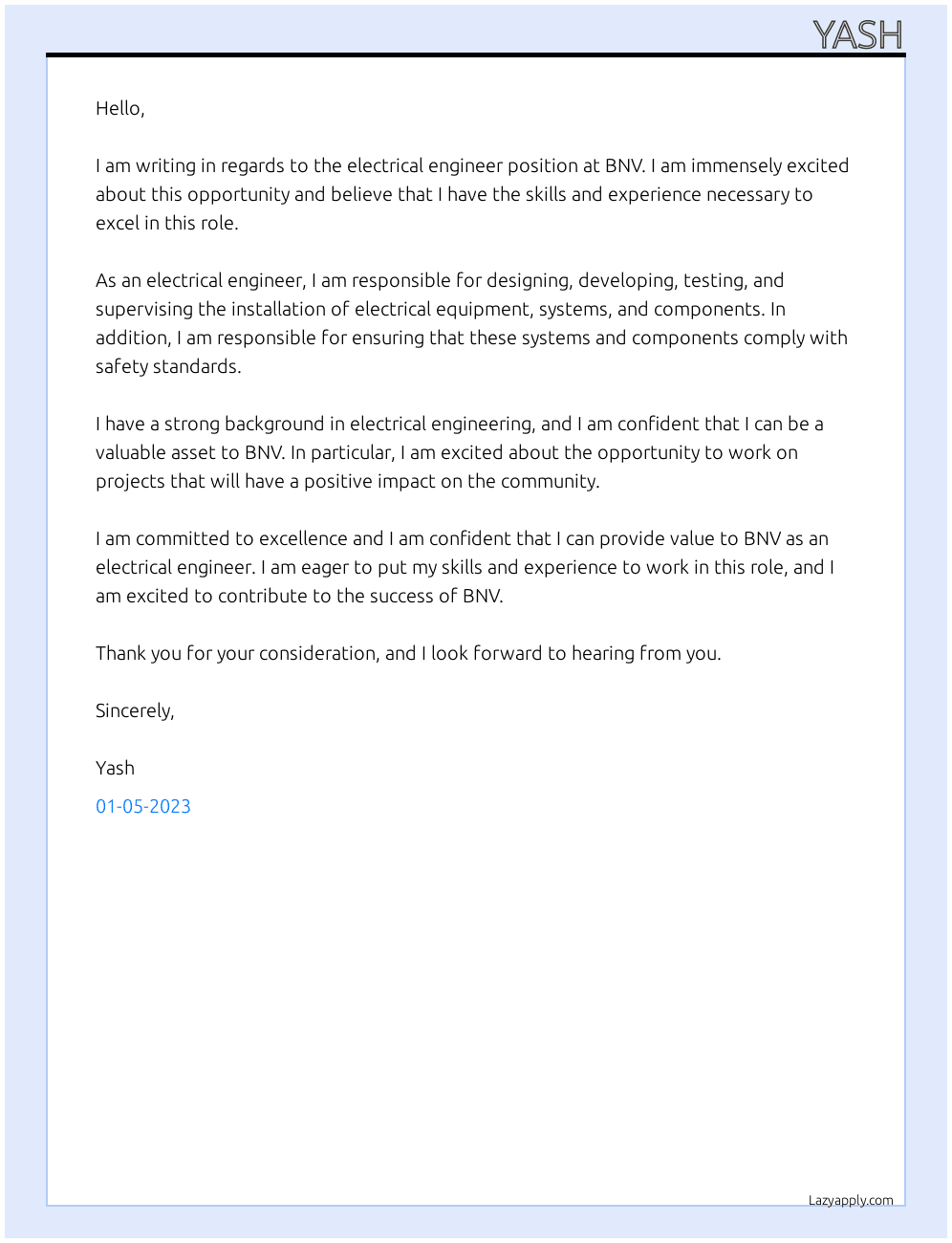 Electrical engineer  At BNV Cover Letter