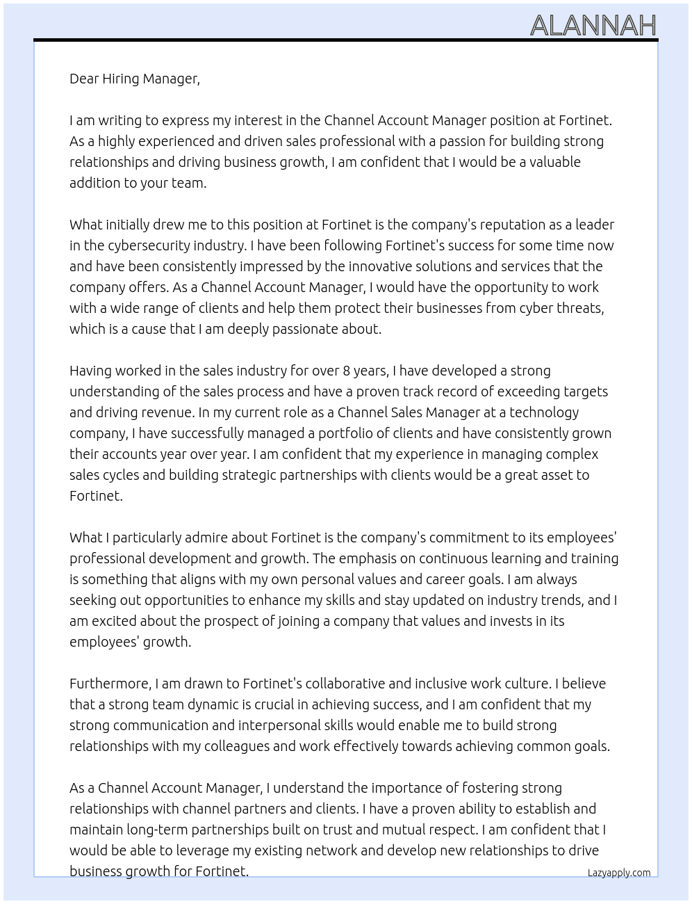 Channel Account Manager At Fortinet Cover Letter