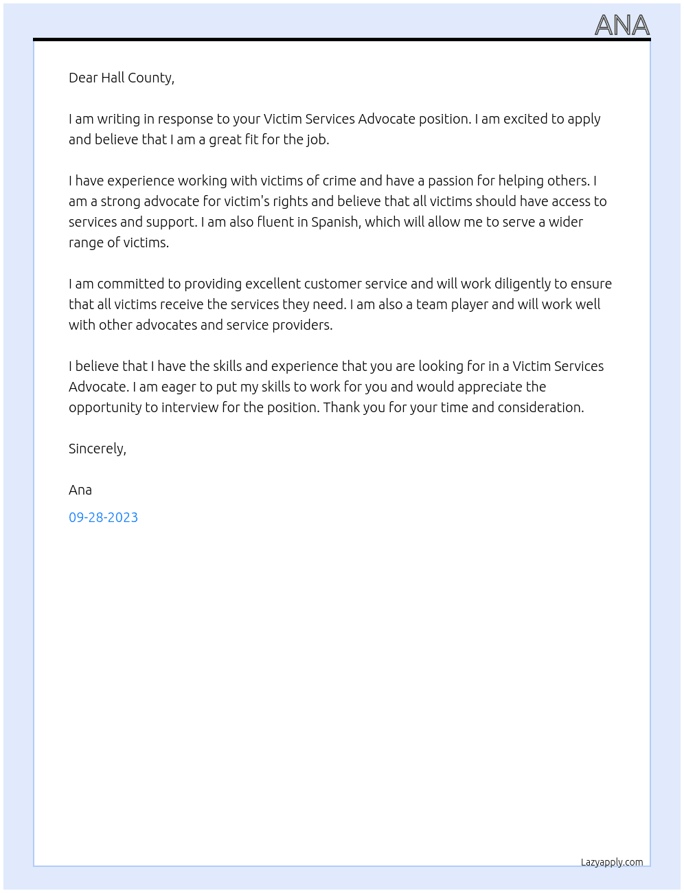 Victim Services Advocate  At Hall County  Cover Letter