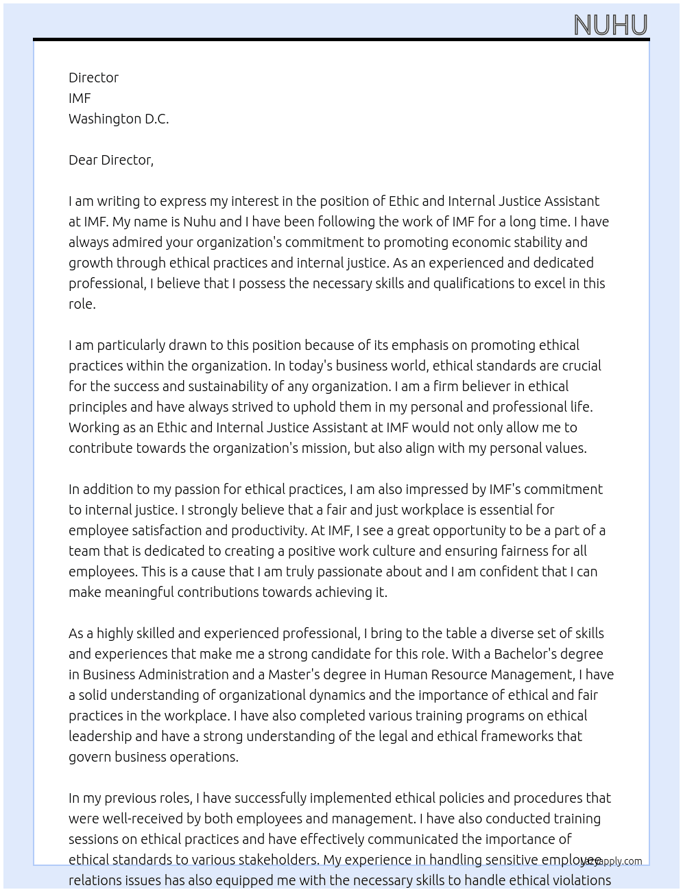 Ethic and Internal Justice Assistant At IMF Cover Letter