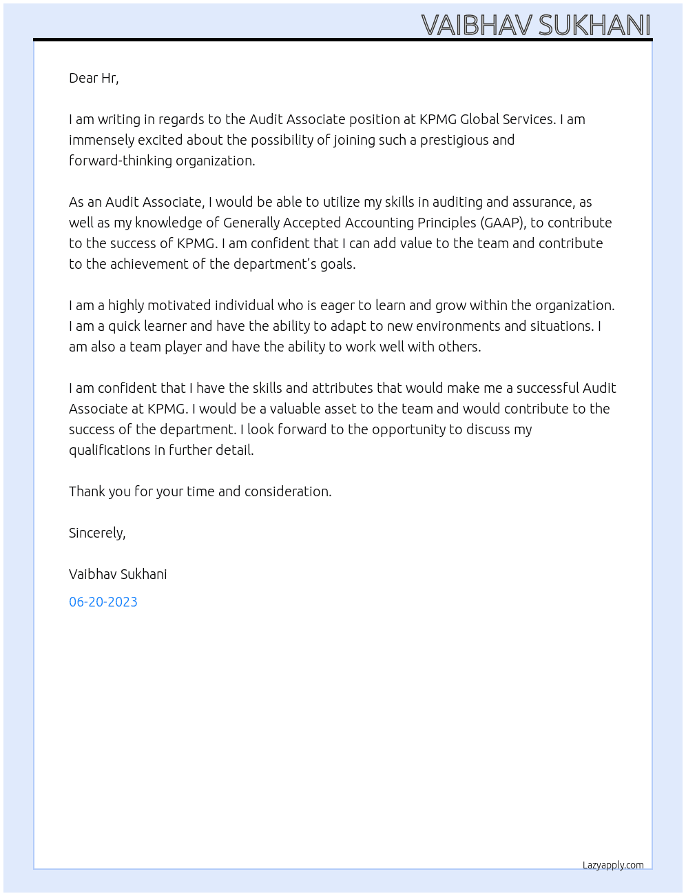 Audit Associate At KPMG Global Services Cover Letter