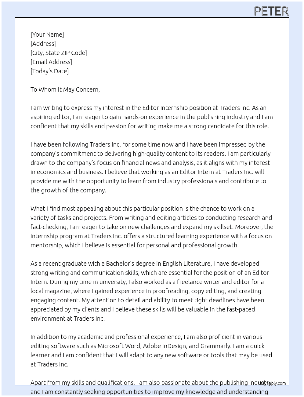 Editor Internship At Traders Inc. Cover Letter