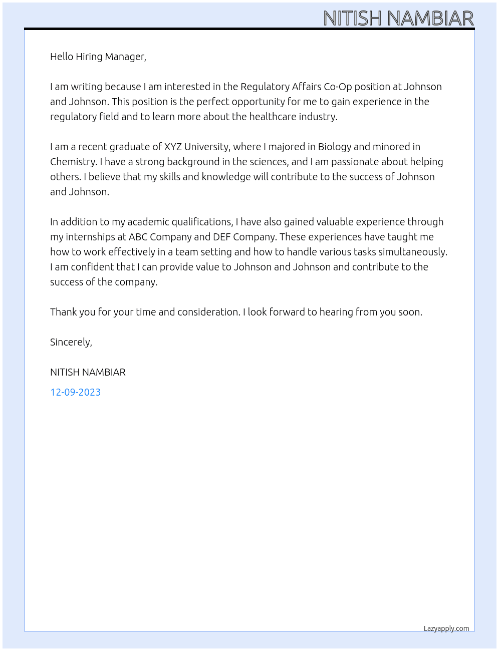 Regulatory Affairs Co-Op At Johnson and Johnson Cover Letter