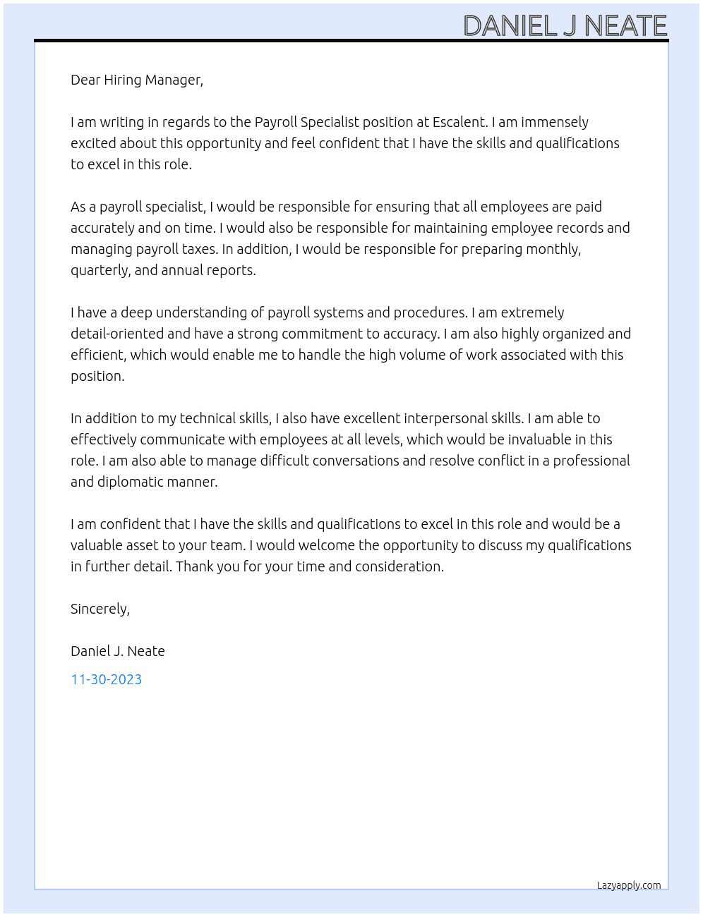 Payroll Specialist At Escalent Cover Letter