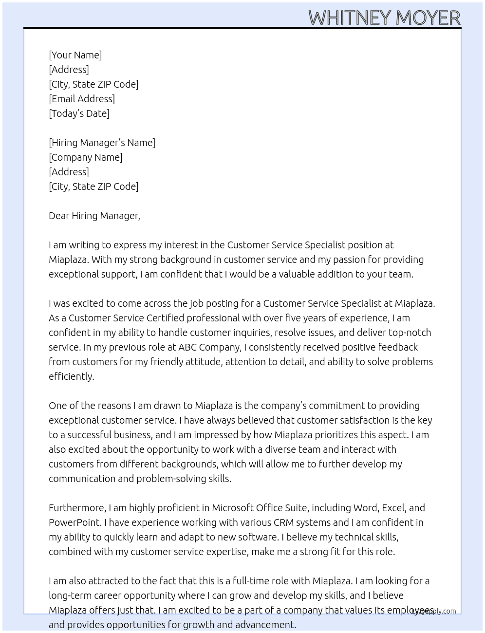 Customer Service Specialist  At Miaplaza Cover Letter