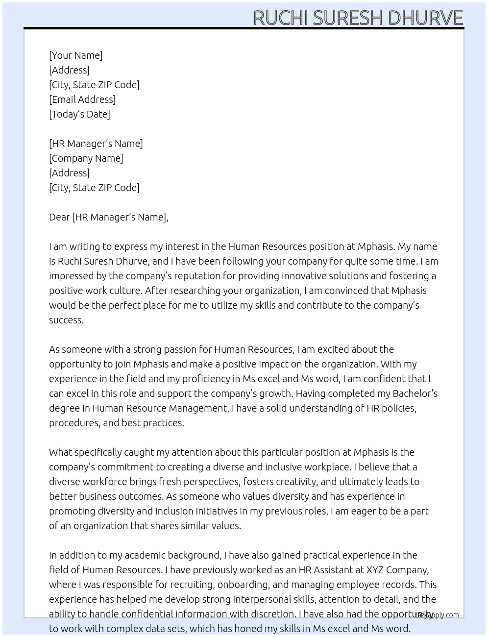 Human resources  At Mphasis  Cover Letter
