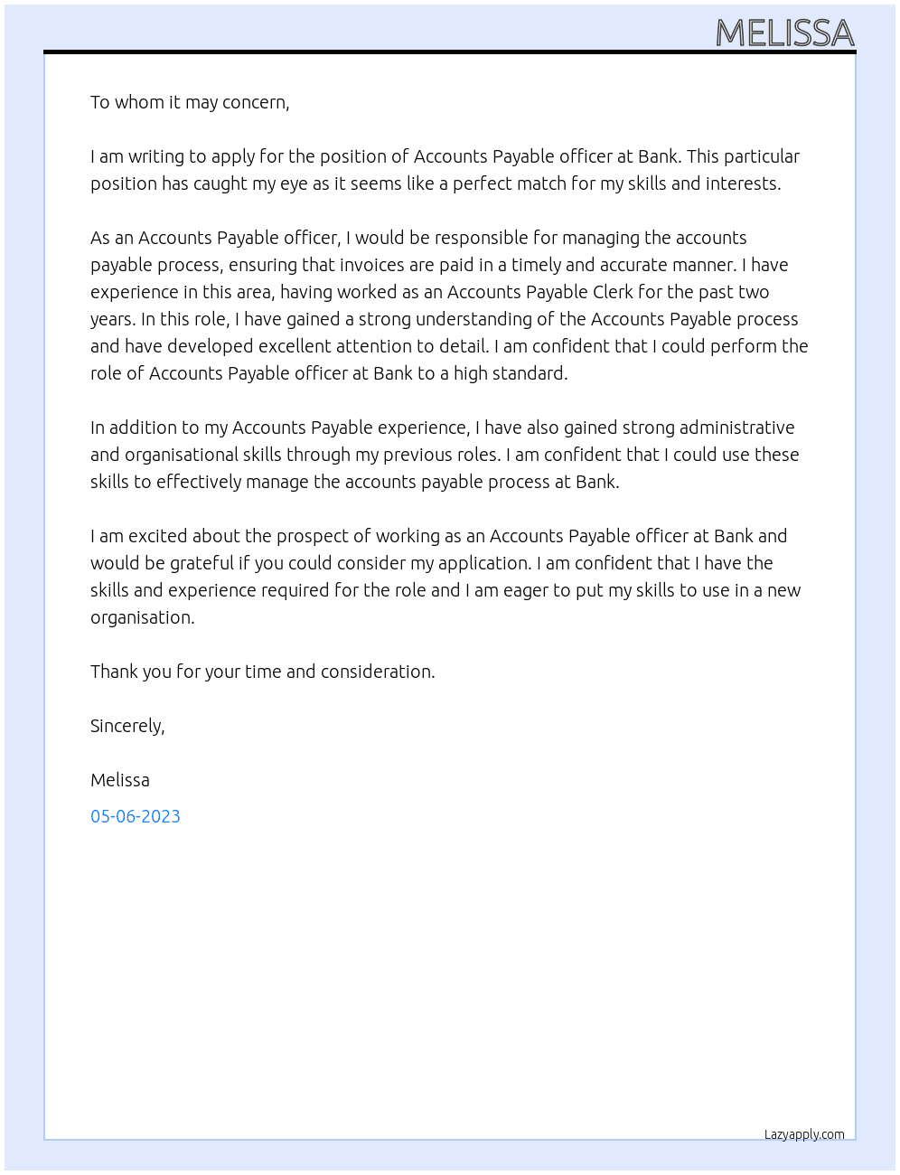 Accounts Payable officer At Bank  Cover Letter