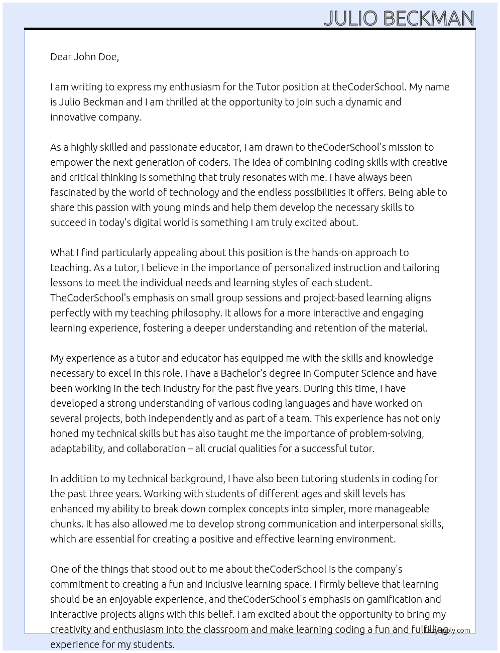 Tutor At theCoderSchool Cover Letter