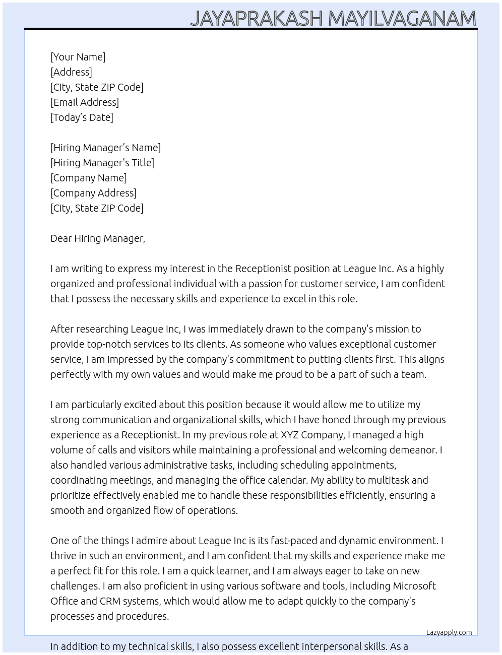 Receptionist  At League Inc Cover Letter