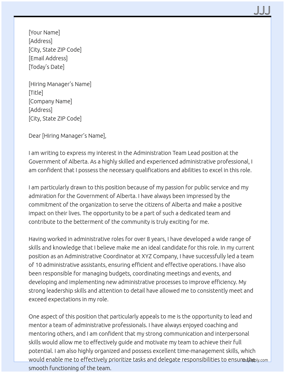 Administration Team Lead At governement of alberta Cover Letter